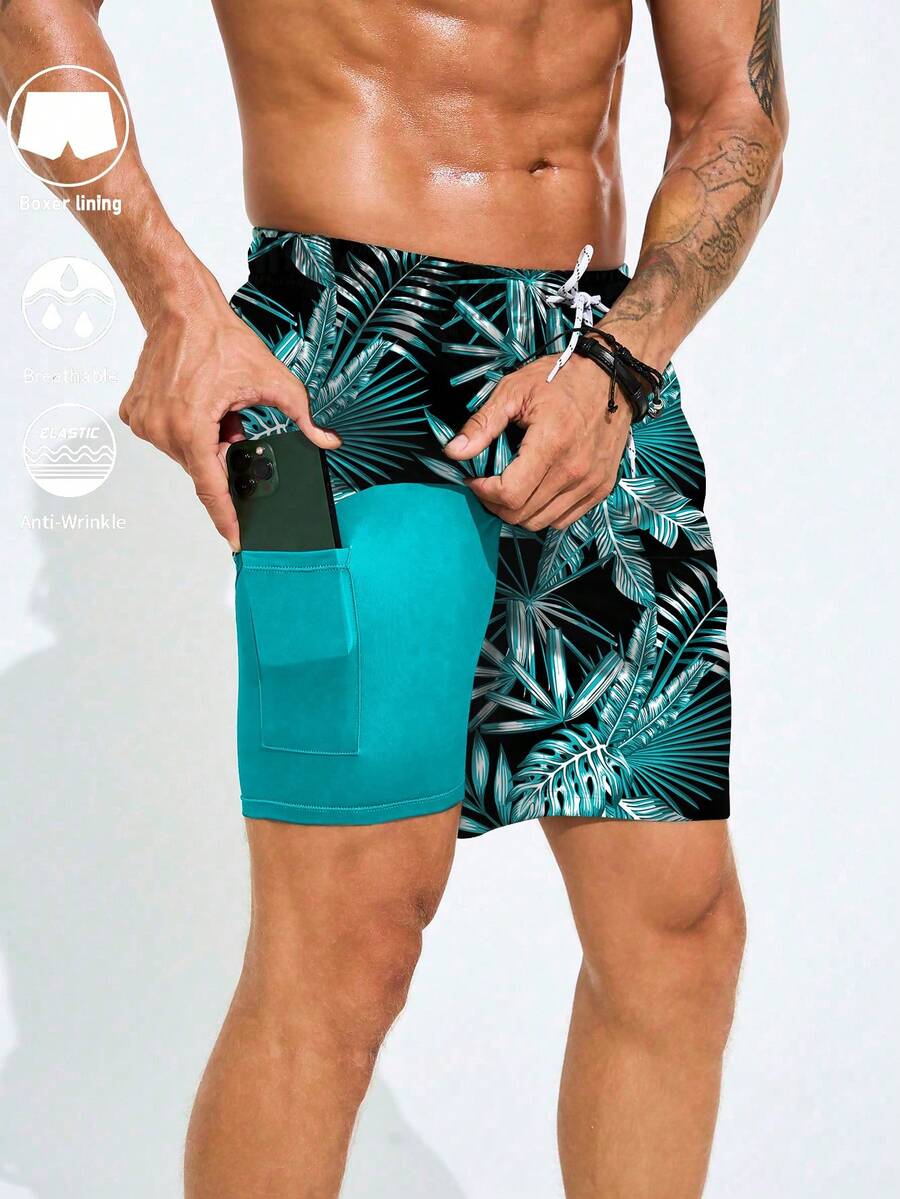 Palasendo 男士热带植物印花抽绳腰带口袋沙滩短裤 - 彩色 - 查看 1