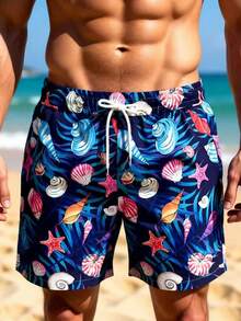 Manfinity Swimmode 男士抽绳腰带口袋贝壳和海螺印花休闲沙滩短裤 - 藍色 - 查看 6