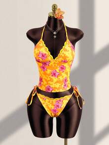 Zestiva Women's Summer Vacation Casual Beach Wear Tropical Floral Print Strapless Bandeau Tied Camisole Strap Bikini Lace Trim 2-Piece Swimsuit Set - Multicolor - View 1