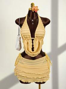 Zestiva 3pcs Women's Swimsuit Set With Beaded Tie Front Halter Bikini Top And High-Waisted Ruffle Skirt, Spring/Summer - Yellow - View 1