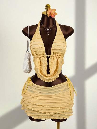 Zestiva 3pcs Women's Swimsuit Set With Beaded Tie Front Halter Bikini Top And High-Waisted Ruffle Skirt, Spring/Summer