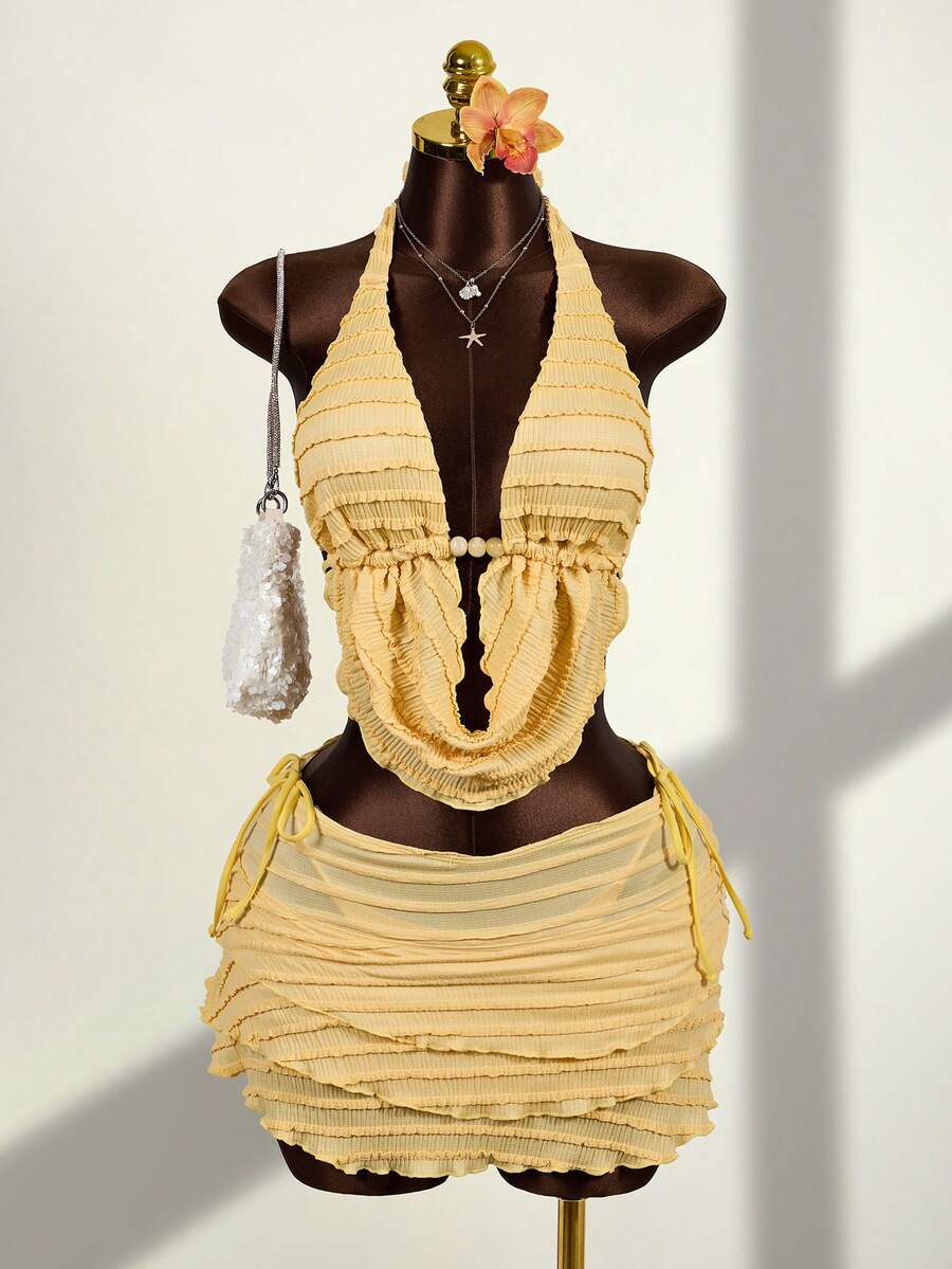 Zestiva 3pcs Women's Swimsuit Set With Beaded Tie Front Halter Bikini Top And High-Waisted Ruffle Skirt, Spring/Summer - Yellow - View 1