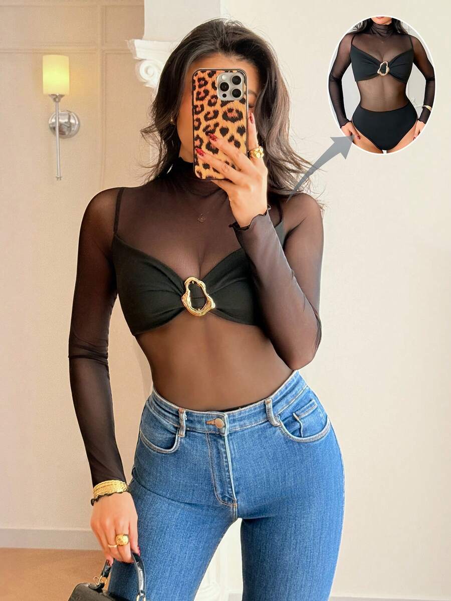 Rafferiza 紧身性感网纱拼接前金属扣装饰长袖高弹针织女式连体衣，优雅沙滩装连体衣 - 黑色 - 查看 1