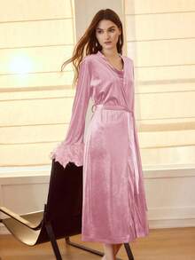 MOTF PREMIUM VELVET SOLID FEATHER CUFF BELL SLEEVE BELTED ROBE & DRAPED SLIP CAMI NIGHT DRESS - Pink - View 7