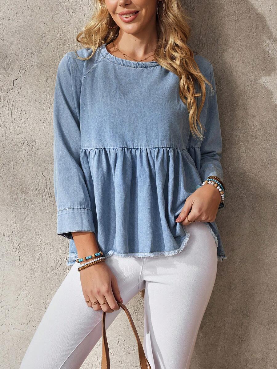 Breezaya Camicetta di jeans ampia con scollo rotondo, maniche a 3/4 e orlo con volant sfrangiato - Blu - Visualizzare 1