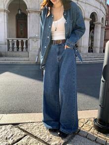 DAZY Conjunto casual de dos piezas de mujer con parches de color contrastante y denim lavado - Azul - Ver 4