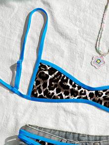 SHEIN Swim Mod 女士撞色饰边豹纹细肩带时尚夏季比基尼套装 - 藍色 - 查看 3