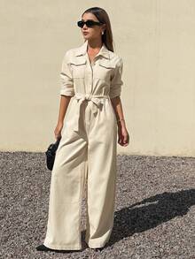 DAZY 女士翻领口袋收腰休闲牛仔连体裤和背带裤 - 白色 - 查看 5