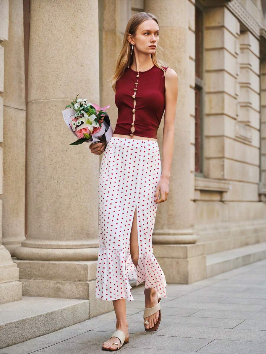 SHEIN Raffinéa Women's Retro Red & White Polka Dot Slit Skirt, High Waist Slimming Mermaid Hem Skirt, Flowy Elegant Office & Vacation Versatile Long Skirt - White - View 1