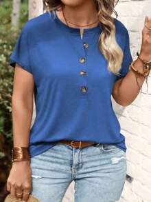 EMERY ROSE Plus Size Basic Casual Polo Collar Button Design Short Sleeve T-Shirt, Navy Blue - Royal Blue - View 4