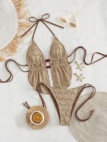 Swim SXY 女士夏季度假沙滩镂空串珠露背吊带背心式泳衣套装 - 卡其色 - 查看 3