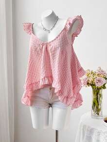 Sweetra Nuevo top sin mangas de verano con diseño de volantes asimétricos y estampado de cuadros rosas a la moda - Rosa - Ver 1
