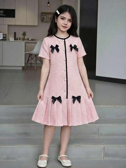 Elladie kids 1pc Girls' Summer New 2026 Pink Fabric Splicing Black Collar & Hem Drawstring Short Sleeve Cardigan Dress With Bow Decor, Simple Casual Loose Fit Sweet Preppy Style Dress With Bows Pink Dress Kids Bows Preppy