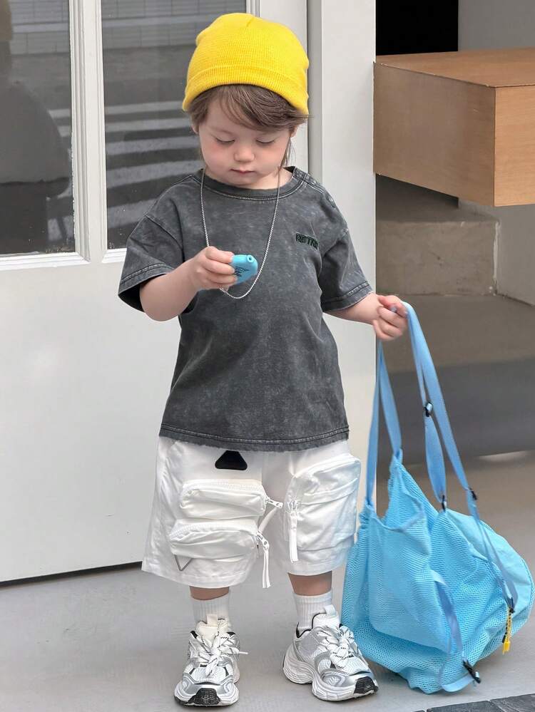 Toddler Boys' Round Neck Washed Korean Street Style Short Sleeve Top, Summer