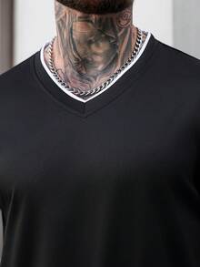 Manfinity CasualCool 男士V领休闲百搭日常短袖T恤 - 黑色 - 查看 6