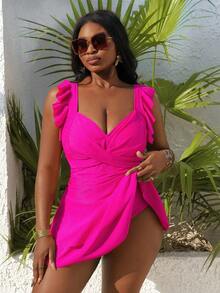 Slaydiva Plus Size Women Solid Color Strap Flounce Criss-Cross Front Tankini Swimsuit - Hot Pink - View 7