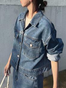 FRIFUL 女士秋季落肩长袖单排扣牛仔夹克和牛仔迷你裙休闲套装 - 藍色 - 查看 6