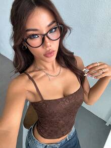 SHEIN EZwear 女士休闲棕色蕾丝修身吊带背心，夏季 - 棕色 - 查看 3