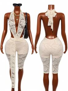Mistrie Sexy Ladies' Lace Deep V-Neck Strap Bodysuit Pants - Apricot - View 1