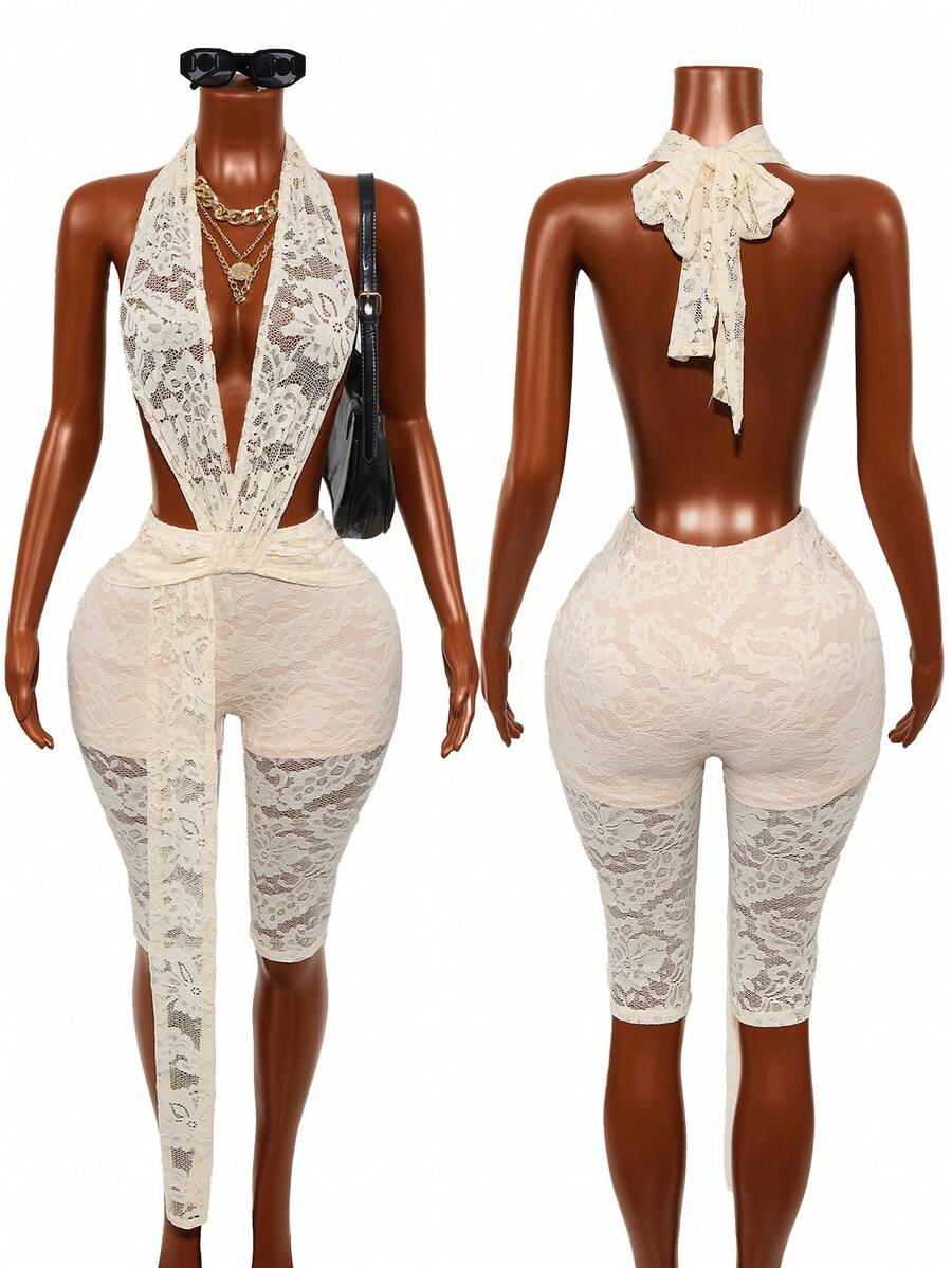 Mistrie Sexy Ladies' Lace Deep V-Neck Strap Bodysuit Pants - Apricot - View 1