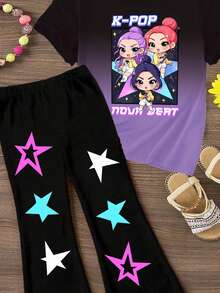 2 pièces/Set Jeune fille décontractée, mode créative, personnalisée, rafraîchissante, mignonne, minimaliste, personnage de groupe virtuel de fille version Q, chignons de fille, pentagramme coloré, dégradé dégradé, slogan, imprimé graphique, t-shirt court basique décontracté et pantalon évasé, confortable pour le port quotidien, convient pour le printemps, l'été et l'automne - Multicolore - Voir 6
