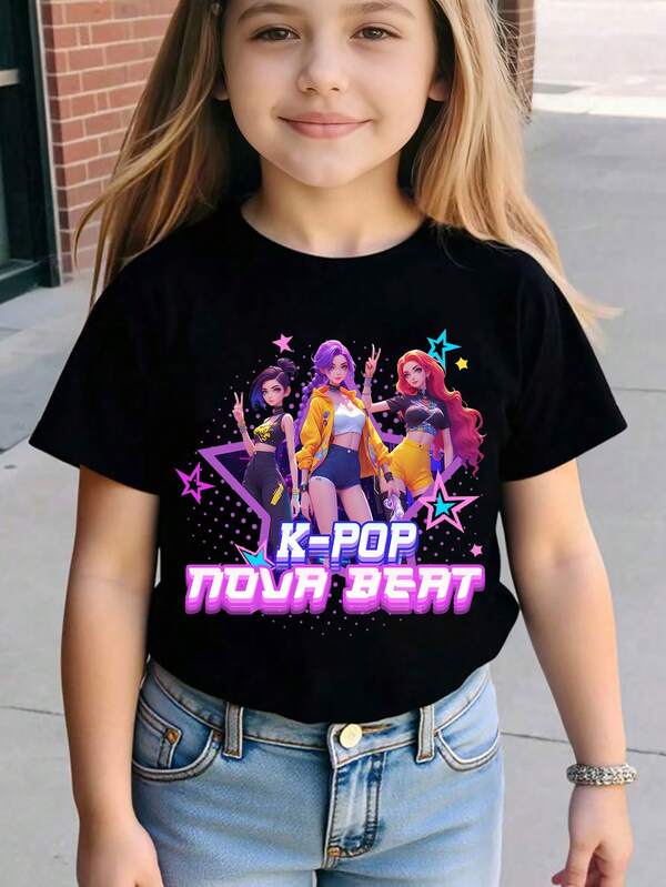 T-shirt à manches courtes, col rond, décontracté, avec imprimé graphique pailleté de lettre NOVA BEAT et pentagramme, style K-POP cool et personnalisé. Convient pour l'été et toutes les saisons. Top