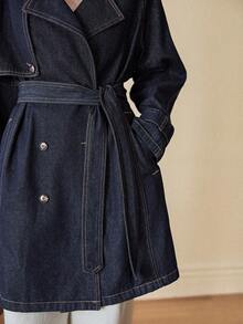 DAZY 女士翻领长袖收腰中长款休闲牛仔夹克外套