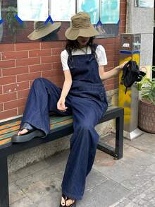 Livesso Women's Solid Color Square Neck Loose Fashion Versatile Denim Jumpsuit - Dark Wash - View 3