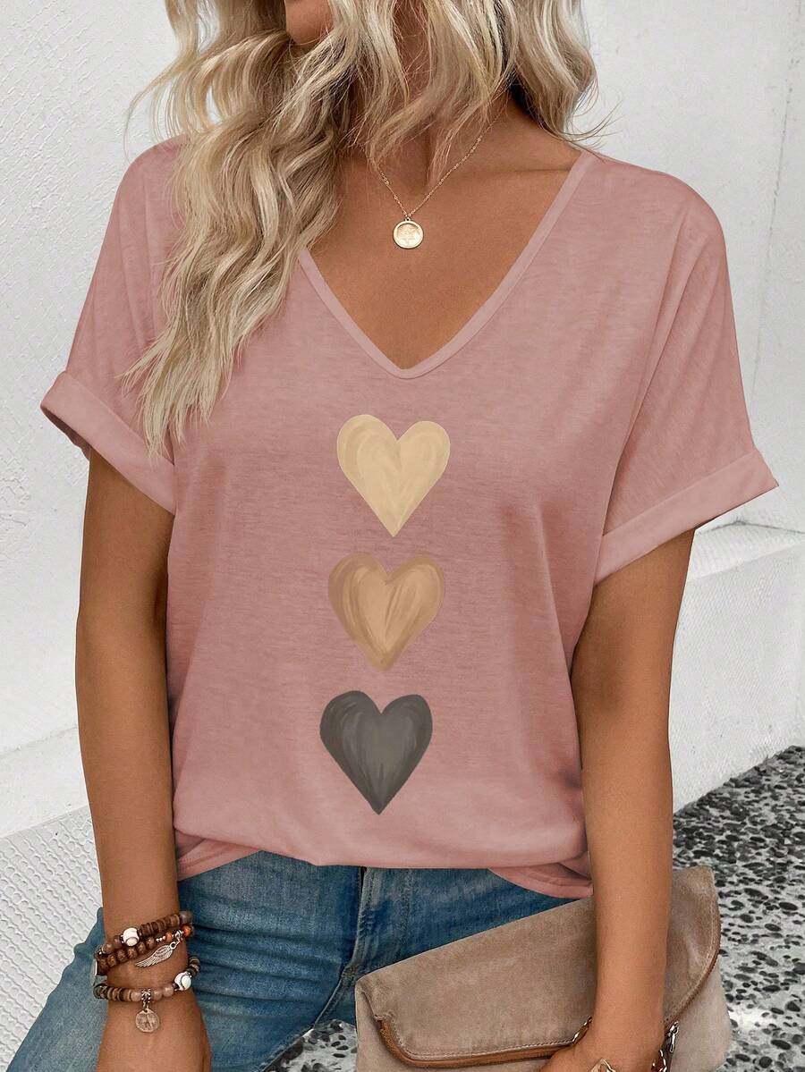 EMERY ROSE Women's V-Neck Flared Cuff, Ombre Heart Print Casual Versatile T-Shirt, Spring/Summer - Pink - View 1