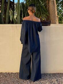 DAZY Women's Casual Off-Shoulder Top And Wide-Leg Jeans Set, Spring/Summer - Blue - View 2