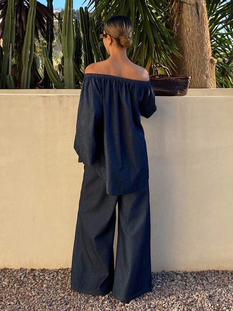 Women's Casual Off-Shoulder Top And Wide-Leg Jeans Set, Spring/Summer