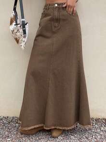 DAZY Chân váy ngắn denim đuôi cá màu trơn, kiểu dáng thường ngày, viền tua rua, dành cho nữ, thích hợp cho mùa xuân/hè. - màu nâu - Xem 8