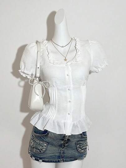 SHEIN Unity Cute Girl's Summer Fashion New Arrival, Ruffle Collar Design, Sexy Mushroom Button Decor, Waist Gathered Pleated Stylish Versatile Shirt