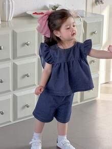 DAZY 女童春夏牛仔风荷叶边无袖上衣短裤两件套 - 藍色 - 查看 6