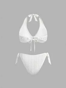 Sweetra Plus Size Women's Solid Color Halter Tie Sexy Bikini Swimsuit Set - White - View 2