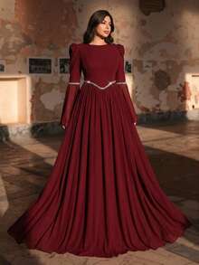 Aureia Váy chữ A cổ tròn tay chuông đính sequin thêu họa tiết len và vải voan Angora màu đỏ lãng mạn cỡ lớn, phù hợp cho đám cưới, tiệc tùng, dịp trang trọng (Thiết kế đính nhiều họa tiết) - Màu Đỏ Sâu - Xem 7