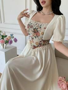 Celisse Women's Floral Jacquard Patchwork Midi Dress With Puff Sleeves, Elegant Romantic Wedding Day Party Date Beige Summer - Apricot - View 6