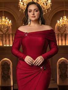 Glamrae Plus Size Elegant Red Spring Evening Dress,Luxurious Off-Shoulder Ruched Bow Long Sleeve Fitted Mermaid Wrap Slit Maxi Dress With Train For Prom Party - Red - View 3