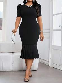 SHEIN Lady Plus Size Women Black Elegant Formal Evening Dress,Solid Color Round Neck Puff Sleeve Fishtail Hem Pencil Dress,Autumn Spring Office Wedding Outfits - Black - View 7