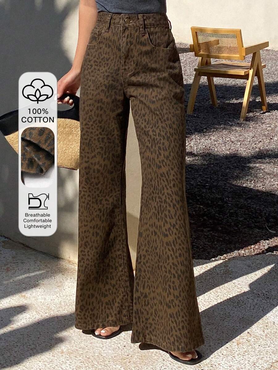 DAZY 女士低腰豹纹休闲哈伦牛仔裤 Y2k - 棕色 - 查看 1