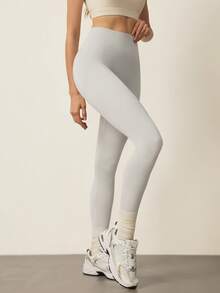 SHEIN Dewbera Solid Color Casual Slim-Fit High Waist Seamless Textured Leggings - Light Grey - View 4