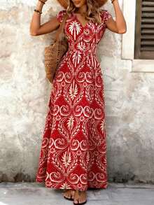 Balvessa Women's V-Neck Waist Cinched A-Line Long Dress, Floral Print On Red Background - Red - View 5