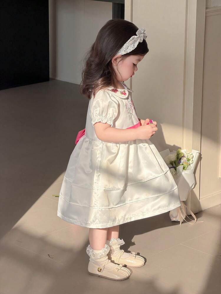 Baby Girl Summer Cute Vacation Style Floral & Butterfly Embroidery Puff Sleeve Waist Tie Dress Toddler Girls Clothes