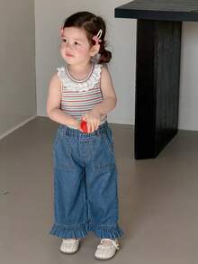 DAZY 女婴休闲日常通勤时尚撞色蕾丝弹力腰荷叶边宽松阔腿牛仔裤幼儿女童服装 - 深色水洗藍 - 查看 8