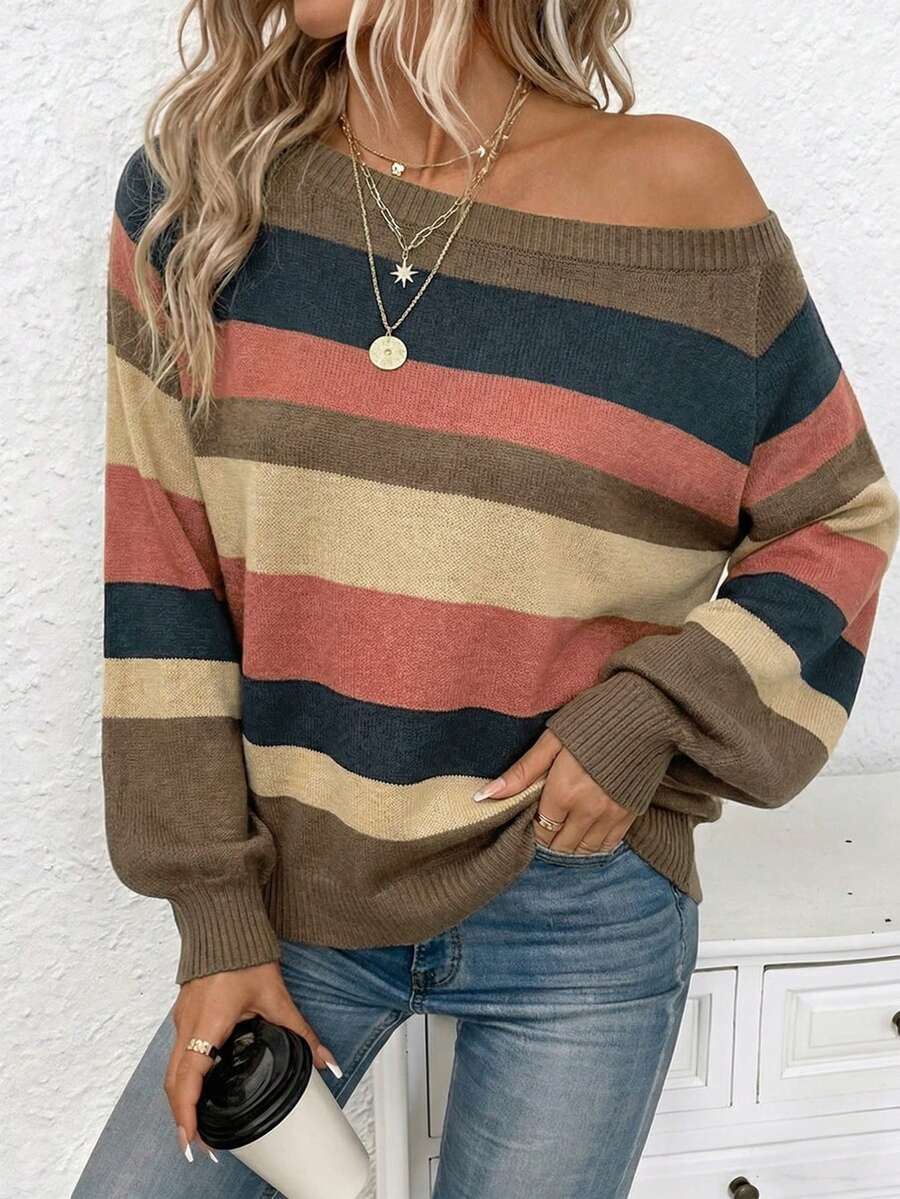 EMERY ROSE Suéter holgado de punto con hombros descubiertos a rayas, estilo vintage, talla grande, para mujer. Versátil para el transporte, cómodo y suave, adecuado para otoño/invierno - Multicolor - Ver 1