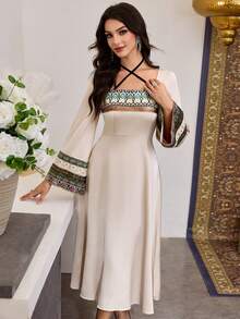 SHEIN Najma 女式方领系带缎面花卉饰边拼接腰部喇叭袖连衣裙 - 香檳色 - 查看 7