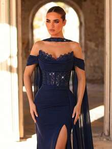 Glamrae Elegant Navy Blue Neckline Romantic Lace Trim Front Beaded Mesh Sheer Fishbone Side High Slit Draped Flounce (Detachable Hanging Flounce) Women's Evening Gown, Valentine's Day - Navy Blue - View 3