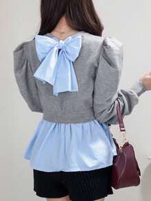 FRIFUL 女士圆领泡泡袖修身下摆拼接梭织毛衣，甜美 - 灰色 - 查看 7