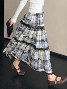 DAZY Women's Retro Plaid Lace Patchwork A-Line High Waist Skirt - Multicolor - View 5