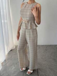 DAZY Women's Casual Commuter Striped Ruffle Hem Top And Pants Set, Summer - Apricot - View 4